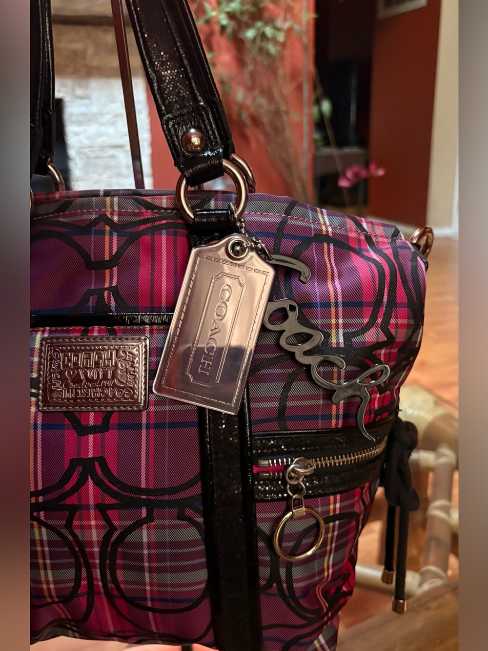 Coach Poppy Pink Plaid Tote Bag with Black Trim 2 Charms Included Like New - Picture 4 of 9